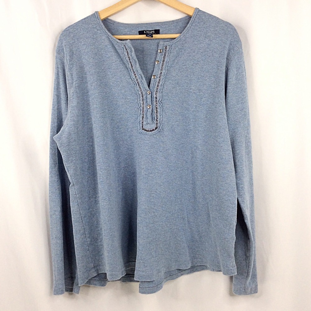 CHAPS Ralph Lauren Henley Top Womens XXL Blue Embroidered Beaded Long Sleeve